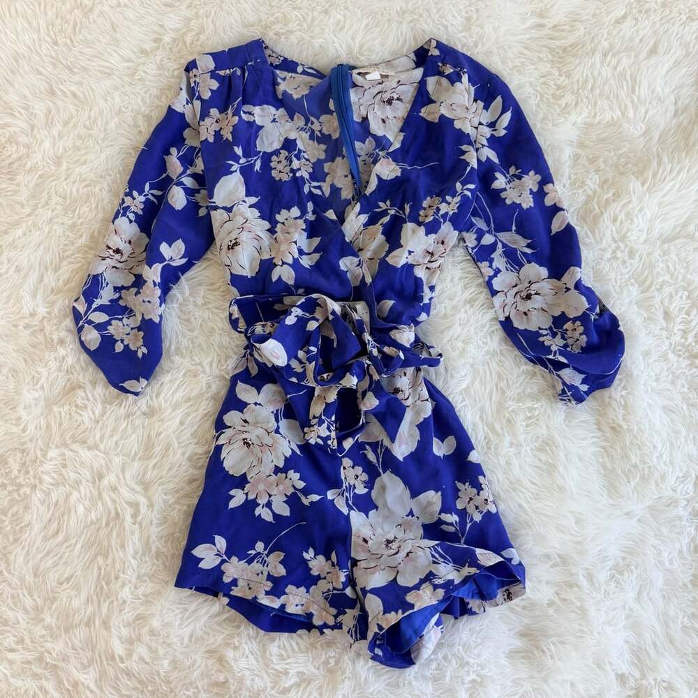 Yumi Kim Tahiti Sunrise Royal Blue Silk Floral Belted Romper